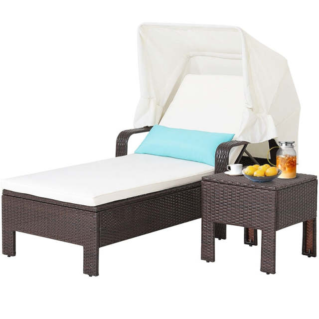 2-Piece Outdoor Chaise Lounge Chair & Table Set with Folding Canopy, Adjustable Backrest & Cushions, Rattan Patio Furniture for Poolside, Backyard