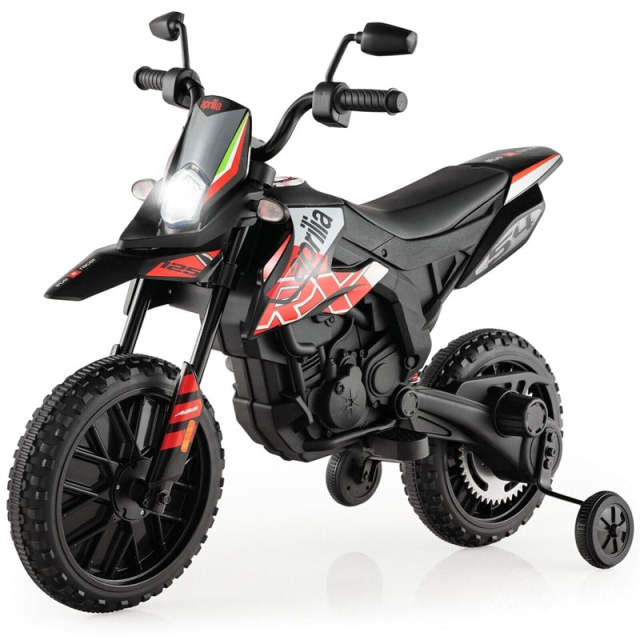 12V Kids Ride On Motorcycle, Licensed Aprilia Electric Dirt Bike with Training Wheels & Headlights, Battery Powered Ride On Car for Ages 3+