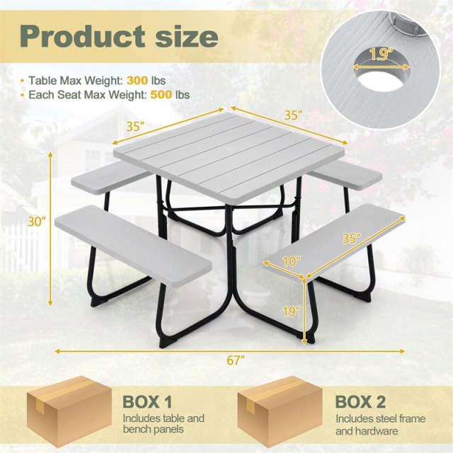 8-Person Picnic Table Set, Square Outdoor Table with 4 Built-in Benches, Umbrella Hole, HDPE Top, Metal Frame, 500LBS Capacity for Garden Patio