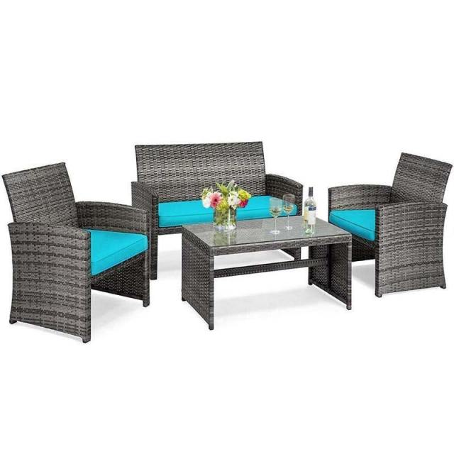 4-Piece Patio Wicker Conversation Set, Outdoor Rattan Sofa Chairs with Cushions & Tempered Glass Coffee Table for Balcony, Backyard, Garden