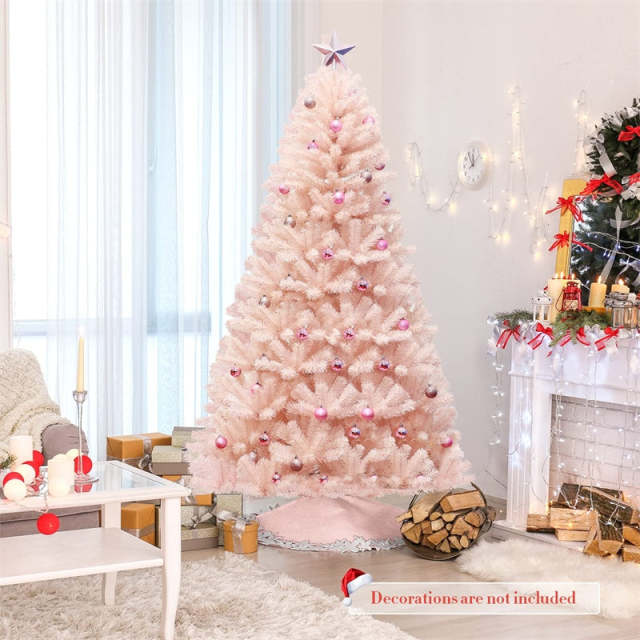 7FT Pink Artificial Christmas Tree Unlit Hinged Spruce Xmas Full Tree with Foldable Metal Stand, 937 Branch Tips for Outdoor Indoor Holiday Decor