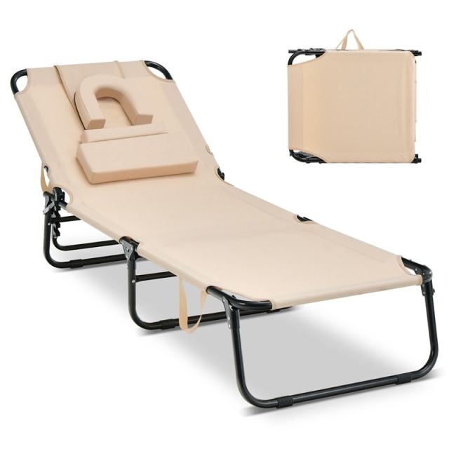 Folding Beach Chaise Lounge Chair, 5-Position Adjustable Sunbathing Recliner with Face Hole, Removable Pillows, Carry Strap, 350LB Support