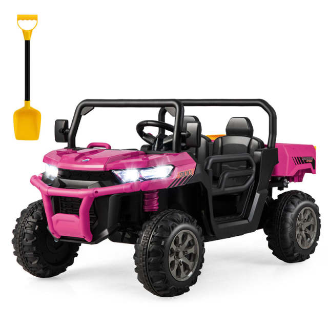 2-Seater Ride On Kids Car, 12V Off-Road UTV Electric Dump Truck with Remote, Dump Bed, Shovel & Rocking Function, Toddler Battery Ride On Toy