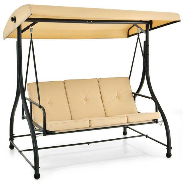 2-in-1 Convertible Patio Swing with Adjustable Canopy & Removable Cushions, Steel Frame 3-Person Outdoor Swing Bed for Deck/Backyard/Garden