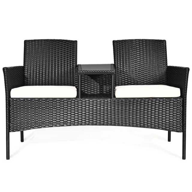 Modern Rattan 2-Seater Patio Furniture Set with Built-in Tempered Glass Table & Removable Cushions, Outdoor Furniture for Backyard, Garden