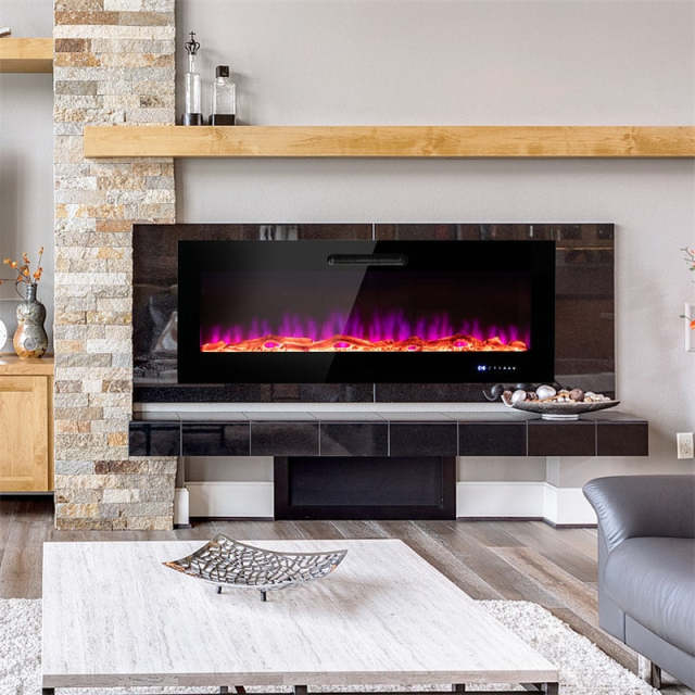 60" Electric Fireplace Insert, 5000 BTU Wall Mounted & Recessed Fireplace Heater with Decorative Crystal, 9-Color Adjustable Flame & Dual Control