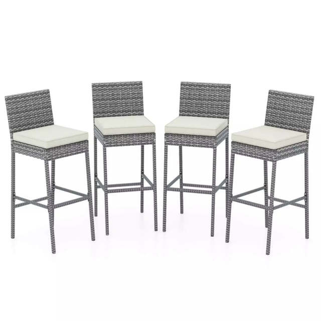 Wicker Outdoor Bar Stools Set of 4, Heavy-Duty Metal Frame Rattan Patio Bar Height Chairs w/ Cushions, Footrests for Backyard, Balcony