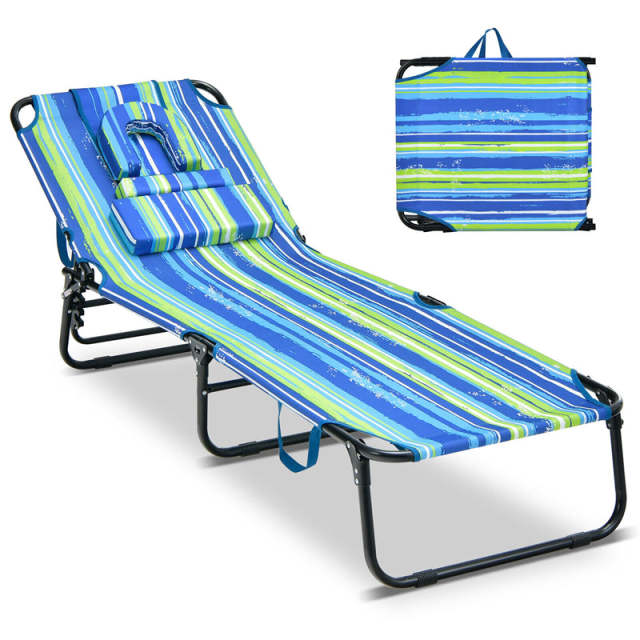 Folding Beach Chaise Lounge Chair, 5-Position Adjustable Sunbathing Recliner with Face Hole, Removable Pillows, Carry Strap, 350LB Support