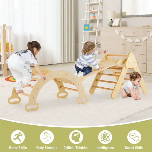 5-in-1 Toddler Climbing Toys, Montessori Wooden Climber Pikler Triangle with Sliding Ramp & Arch Ladder, Kids Play Gym Set for Indoor Fun