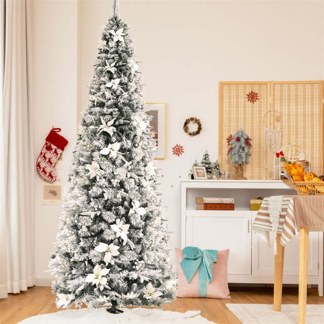 8ft Snow Flocked Artificial Christmas Tree Hinged Pencil Xmas Tree with 807 PVC/PE Branch Tips, White Berries, Poinsettias & Folding Metal Stand
