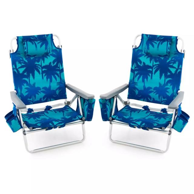 2 Pack Backpack Beach Chairs, Folding Camping Chairs 5-Position Reclining Beach Chairs with Armrests, Cooler Bag, Cup Holder, Side Pockets