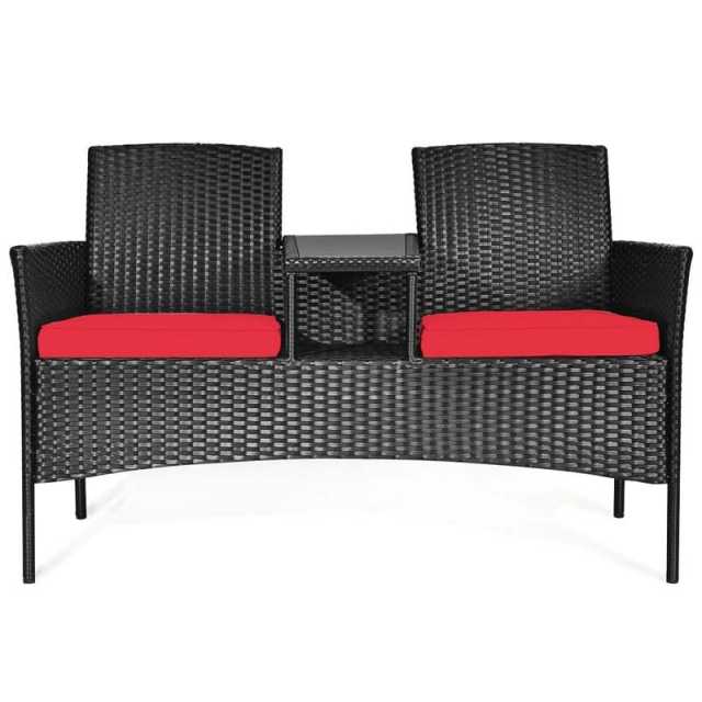 Modern Rattan 2-Seater Patio Furniture Set with Built-in Tempered Glass Table & Removable Cushions, Outdoor Furniture for Backyard, Garden