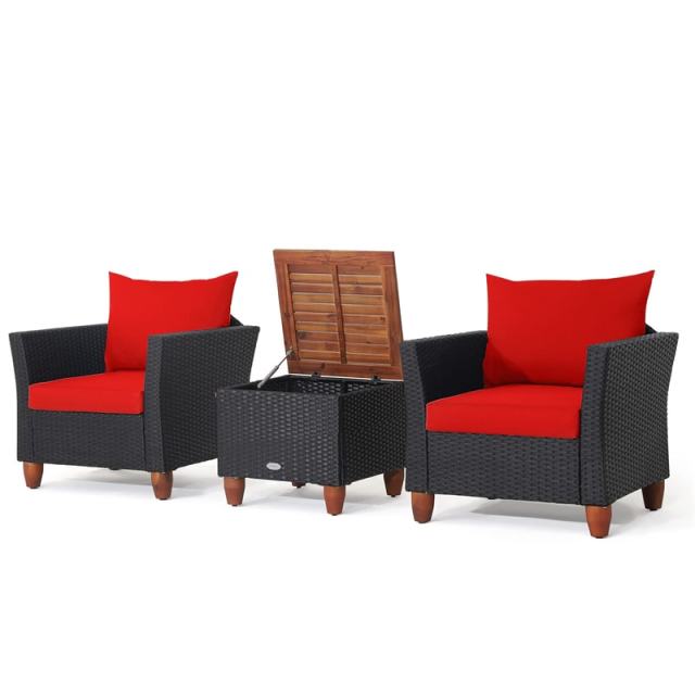 3PCS Patio Rattan Furniture Set Cushioned Sofa Chair Storage Coffee Table with Acacia Wood Top, Outdoor Wicker Conversation Set for Garden