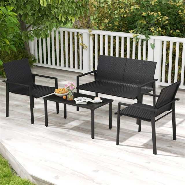 4 Piece Patio PE Rattan Furniture Set Outdoor Wicker Loveseat Chair Table Set Heavy Duty Galvanized Metal Frame for Small Space Balcony