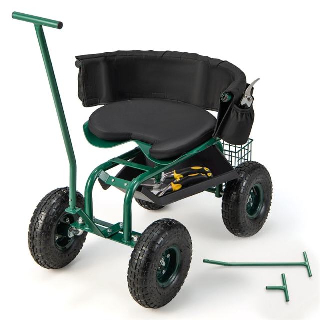 Rolling Garden Cart with 360° Swivel Seat, Tool Tray, Storage Basket, Removable Cushion & Handle, Height Adjustable Gardening Workseat for Patio Lawn