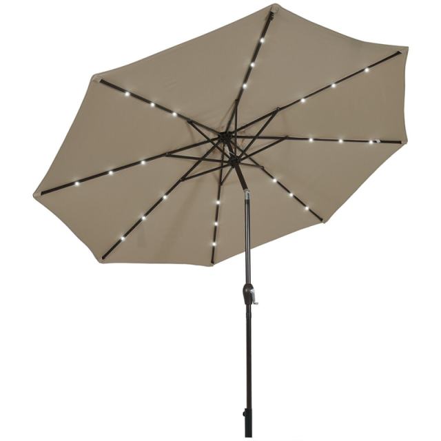 10FT Solar LED Patio Umbrella, Outdoor Steel Market Umbrella with 24 Lights, Crank & Tilt Adjustment for Backyard, Poolside, Garden