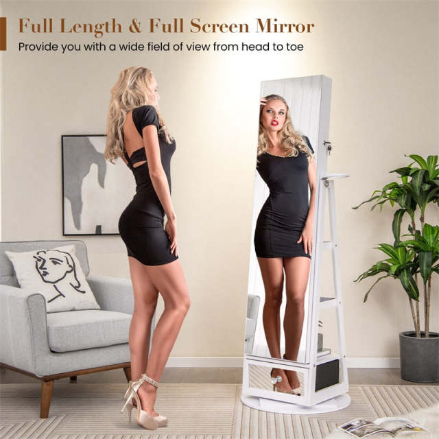 360° Swivel Jewelry Cabinet Armoire, Full-Length Mirror with LED Lockable Jewelry Organizer, Hairdryer Holder, Drawer, Rear Storage Shelves