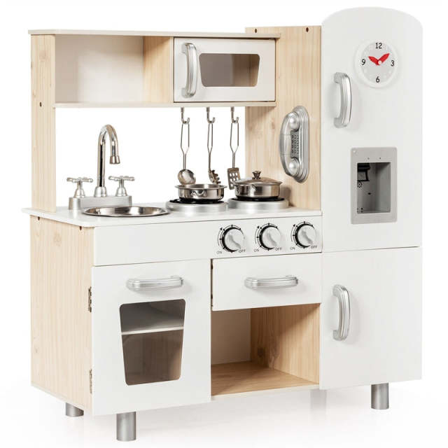 Kids Kitchen Playset Wooden Pretend Play Kitchen Little Chef Toy Kitchen Set with Cookware Utensils Water Dispenser & Storage Cabinet