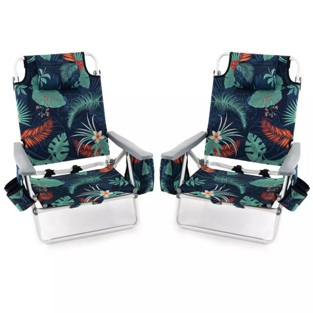 2 Pack Backpack Beach Chairs, Folding Camping Chairs 5-Position Reclining Beach Chairs with Armrests, Cooler Bag, Cup Holder, Side Pockets