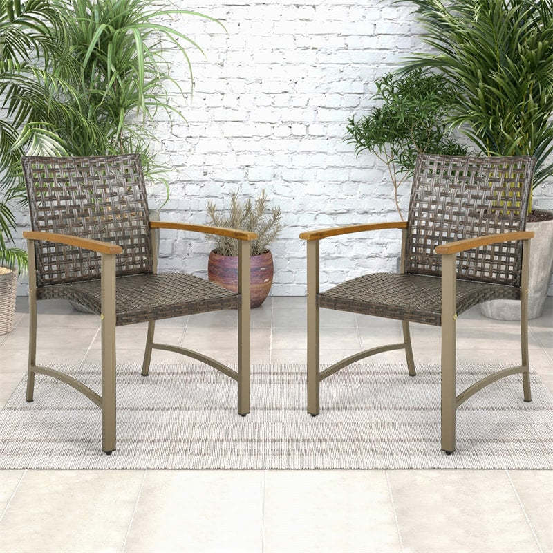 Patio Dining Chairs Set of 4, Outdoor PE Wicker & Metal Frame Chairs with Acacia Wood Armrests, Rattan Armchairs for Garden, Backyard, Poolside