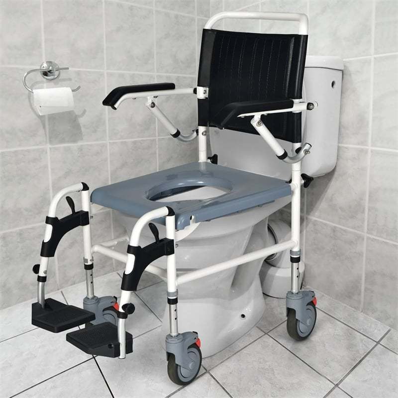 4-in-1 Bedside Commode Shower Chair with Lockable Wheels & Detachable Bucket, Height Adjustable Mobile Toilet Chair for Elderly & Adults