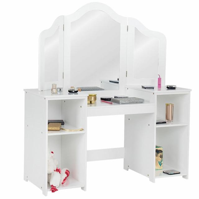Kids Makeup Vanity Table, 2-in-1 Princess Dressing Table with Tri-folding Detachable Mirror & Storage Shelves, Pretend Play Girls Study Desk