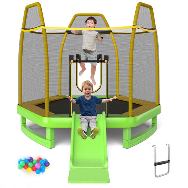 7FT ASTM Approved Kids Trampoline with Safety Enclosure Net, Slide, Ladder & Ocean Balls, Recreational Trampoline for Indoor/Outdoor Use