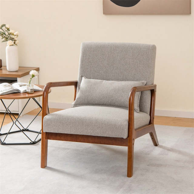 Modern Accent Chair, Upholstered Leisure Armchair with Lumbar Pillow, Rubber Wood Frame, Soft Padded Cushion for Living Room, Bedroom, Office