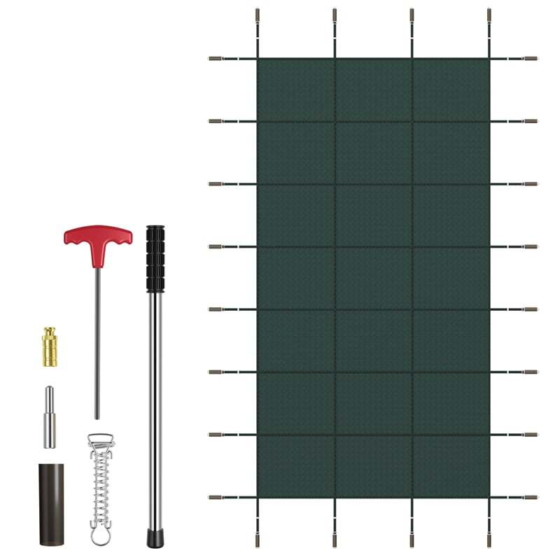 Safety Pool Cover for 32 x 16FT Inground Swimming Pools, Rectangle Winter Leaf Net Pool Cover with Mesh & Installation Tools for Backyard Yard