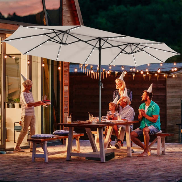 15FT Double-Sided Patio Umbrella with Base, 48 Solar LED Lights & Crank Handle, Extra Large Double Outdoor Umbrella for Poolside, Backyard