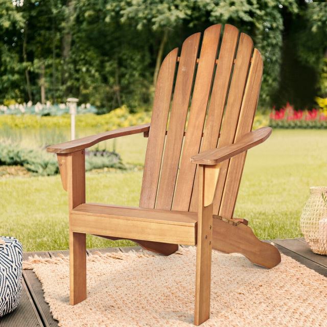 Outdoor Wooden Adirondack Chair, Acacia Wood Patio Lounge Armchair with Slatted Seat & 350lbs Capacity, Weather Resistant Deck Fire Pit Chair