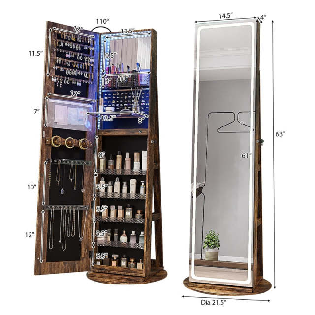 360° Swivel Jewelry Armoire with Full Length Mirror, Adjustable 3-Color LED Lights & Storage Rack, Lockable Standing Jewelry Cabinet Organizer