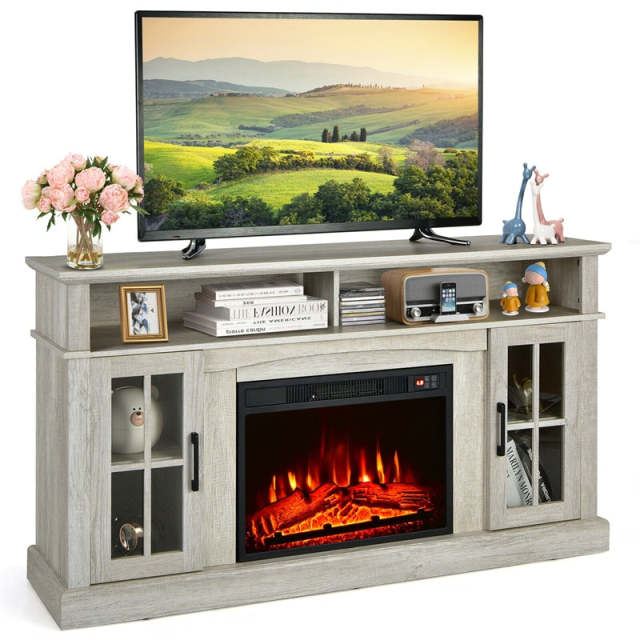 Electric Fireplace TV Stand for TVs Up to 65", 1400W Heater Insert with Remote Control, 3-Level Flame, Overheat Protection, Adjustable Shelves