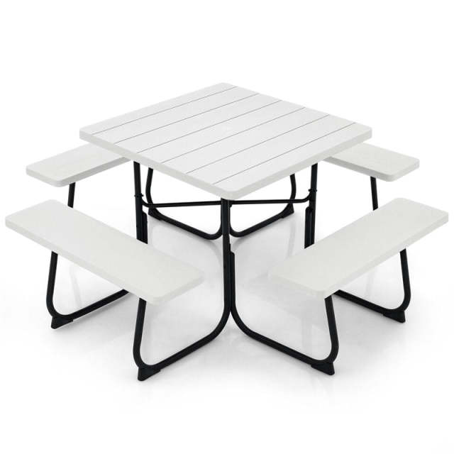 8-Person Picnic Table Set, Square Outdoor Table with 4 Built-in Benches, Umbrella Hole, HDPE Top, Metal Frame, 500LBS Capacity for Garden Patio