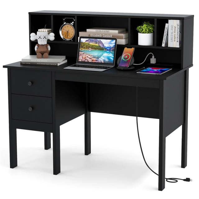 48" Computer Desk with Charging Station, 5-Cubby Hutch & 2 Drawers, Home Office Desk w/Power Outlets, USB/Type-C Ports for Bedroom, Small Space