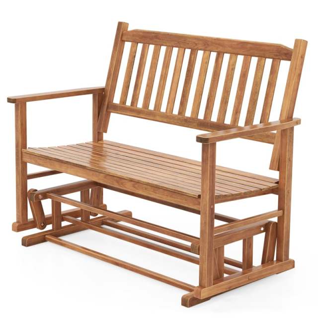 2-Person Outdoor Glider Bench with Poplar Wood Frame, Slatted Seat & Armrest Backrest, Porch Rocking Glider Loveseat for Patio, Garden & Deck
