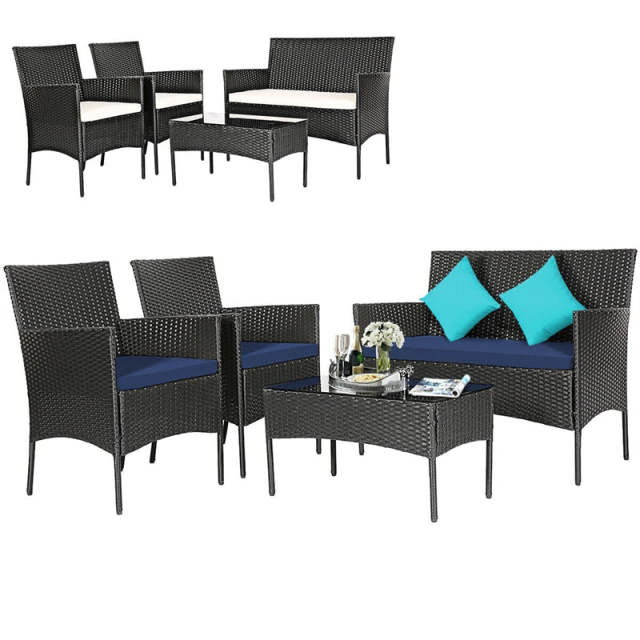 4 PCS Outdoor Wicker Conversation Set Rattan Loveseat Chair with Coffee Table & 6 Seat Cushion Covers