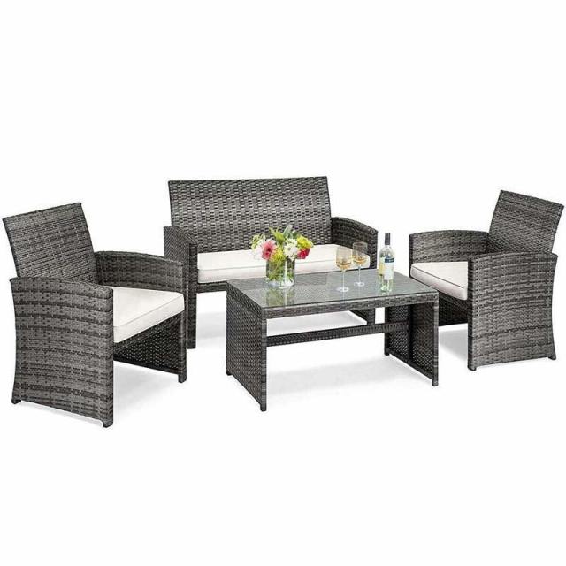 4-Piece Patio Wicker Conversation Set, Outdoor Rattan Sofa Chairs with Cushions & Tempered Glass Coffee Table for Balcony, Backyard, Garden