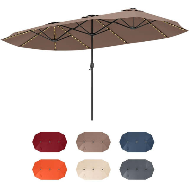 15.5FT Extra Large Patio Umbrella with 144 Solar LED Lights & Crank Handle, 12 Heavy-Duty Ribs Double-Sided Market Umbrella for Deck, Poolside