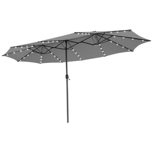 15FT Double-Sided Patio Umbrella with 48 Solar LED Lights & Crank Handle, Extra Large Outdoor Market Umbrella for Poolside, Deck, Backyard