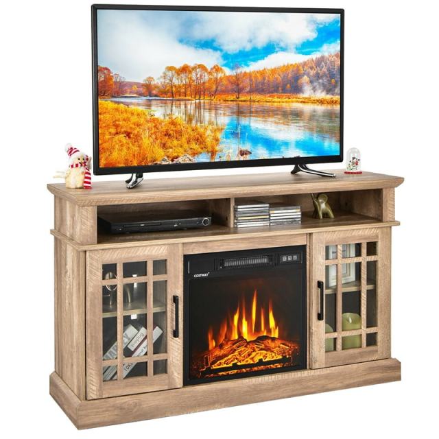 48" Fireplace TV Stand for TVs up to 50", Wood Entertainment Center TV Console with 18" Electric Fireplace, Remote Control, Adjustable Shelves