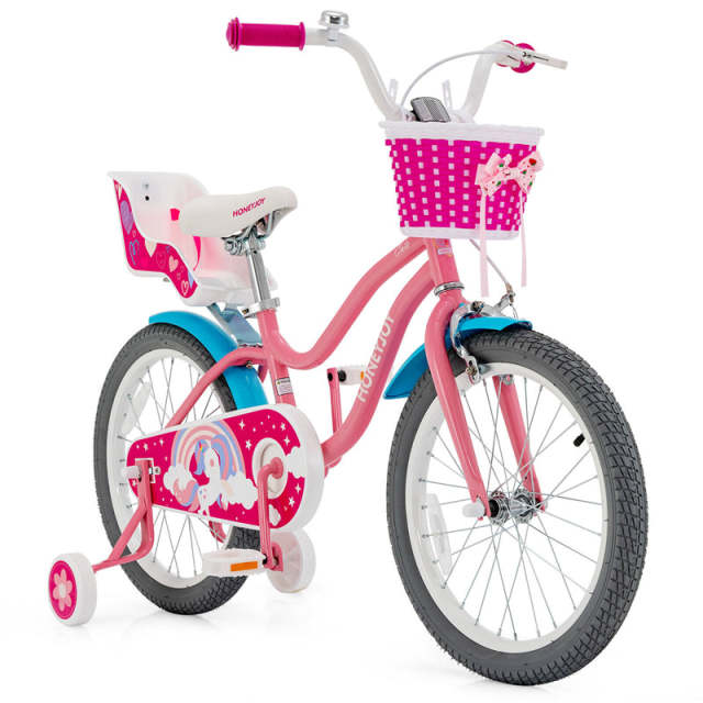 18 Inches Kids Bike, Steel Frame Girls Pink Bicycle with Removable Training Wheels & Adjustable Seat