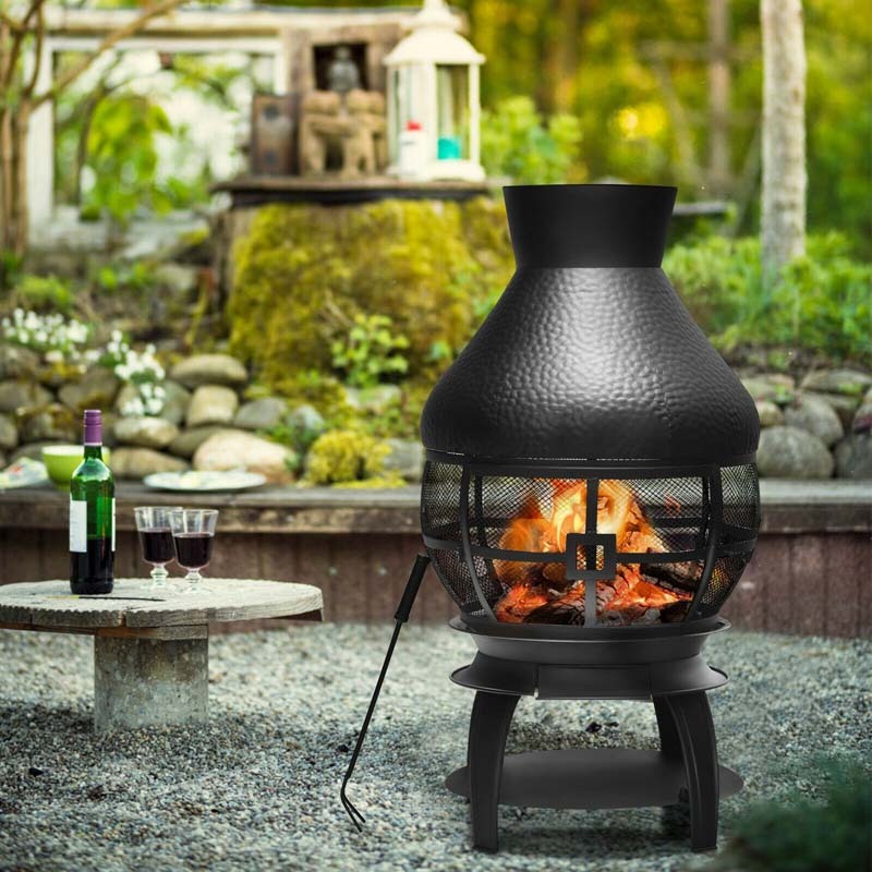 Wood Burning Chiminea, Cast Iron Outdoor Fireplace Fire Pit with 2-Piece Log Grate, 360° Fire Retardant Mesh Cover, Rain Cap & Poker for Garden Patio