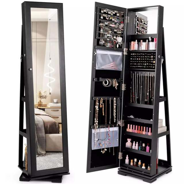 360° Swivel Jewelry Cabinet Armoire with Full Length Mirror & Rear Storage Shelves, Standing Lockable Jewelry Organizer Inside Makeup Mirror