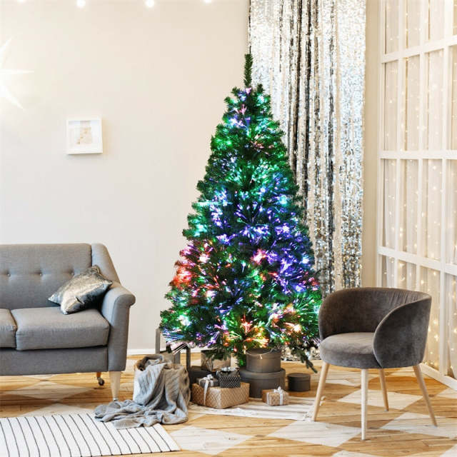 6FT Fiber Optic Christmas Tree, Pre-Lit Premium Spruce Tree with 617 Branch Tips & Metal Stand, Artificial Xmas Full Tree for Indoor Holiday Decor