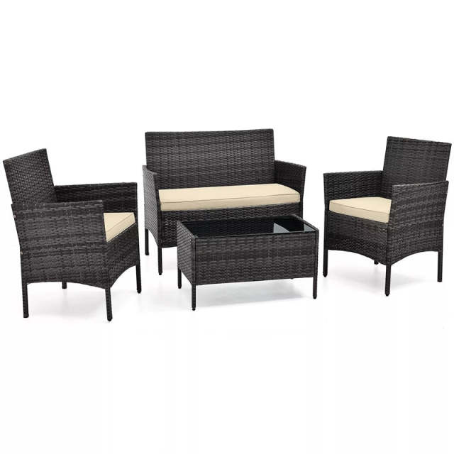 4PCS Patio Rattan Conversation Set Outdoor Garden Wicker Furniture Set with Loveseat Chair, Tempered Glass Coffee Table & Cushions