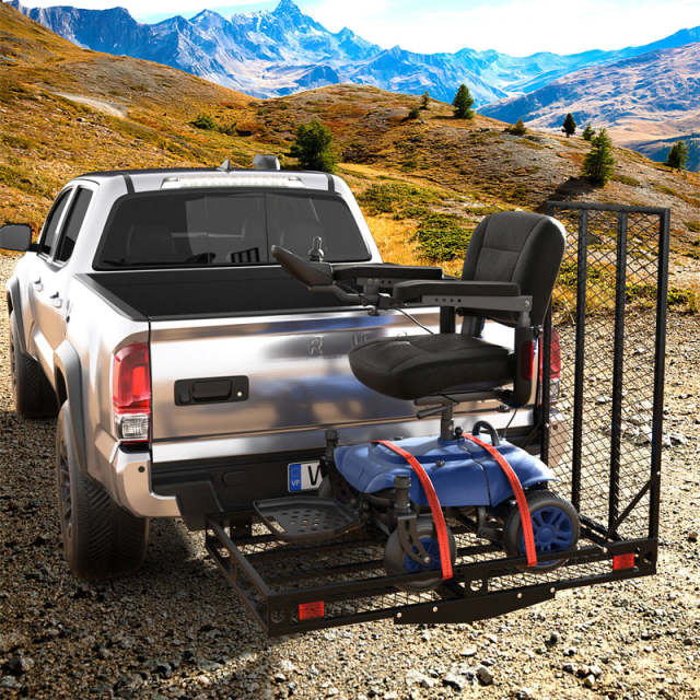 Folding Hitch Cargo Carrier with Ramp & Tie-Down Straps, 500LBS Capacity Heavy Duty Mobility Scooter & Wheelchair Carrier for Car, SUV, Truck, RV