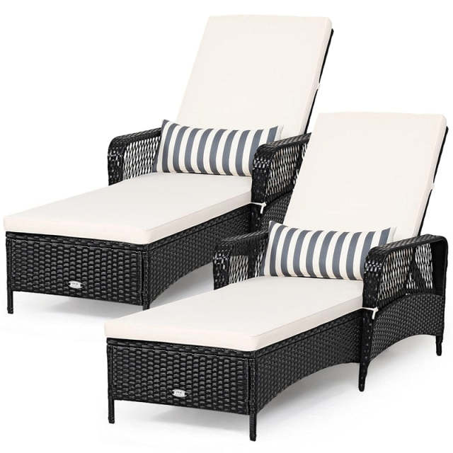 2PCS Rattan Outdoor Chaise Lounge Chairs w/ 6-Gear Adjustable Backrest, Removable Cushions, Pillow, Patio Sun Lounger for Poolside, Balcony