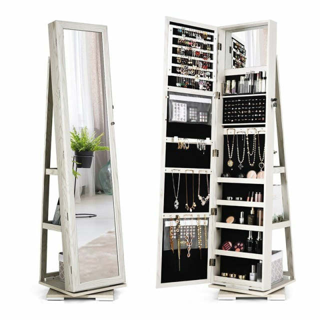 360° Swivel Jewelry Cabinet Armoire with Full Length Mirror & Rear Storage Shelves, Standing Lockable Jewelry Organizer Inside Makeup Mirror