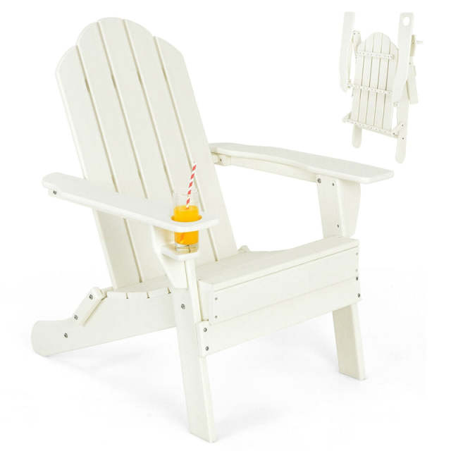HDPE Folding Adirondack Chair, Outdoor Fire Pit Chair with Cup Holder, Weather Resistant Patio Lounge Chair for Backyard, Garden, Poolside